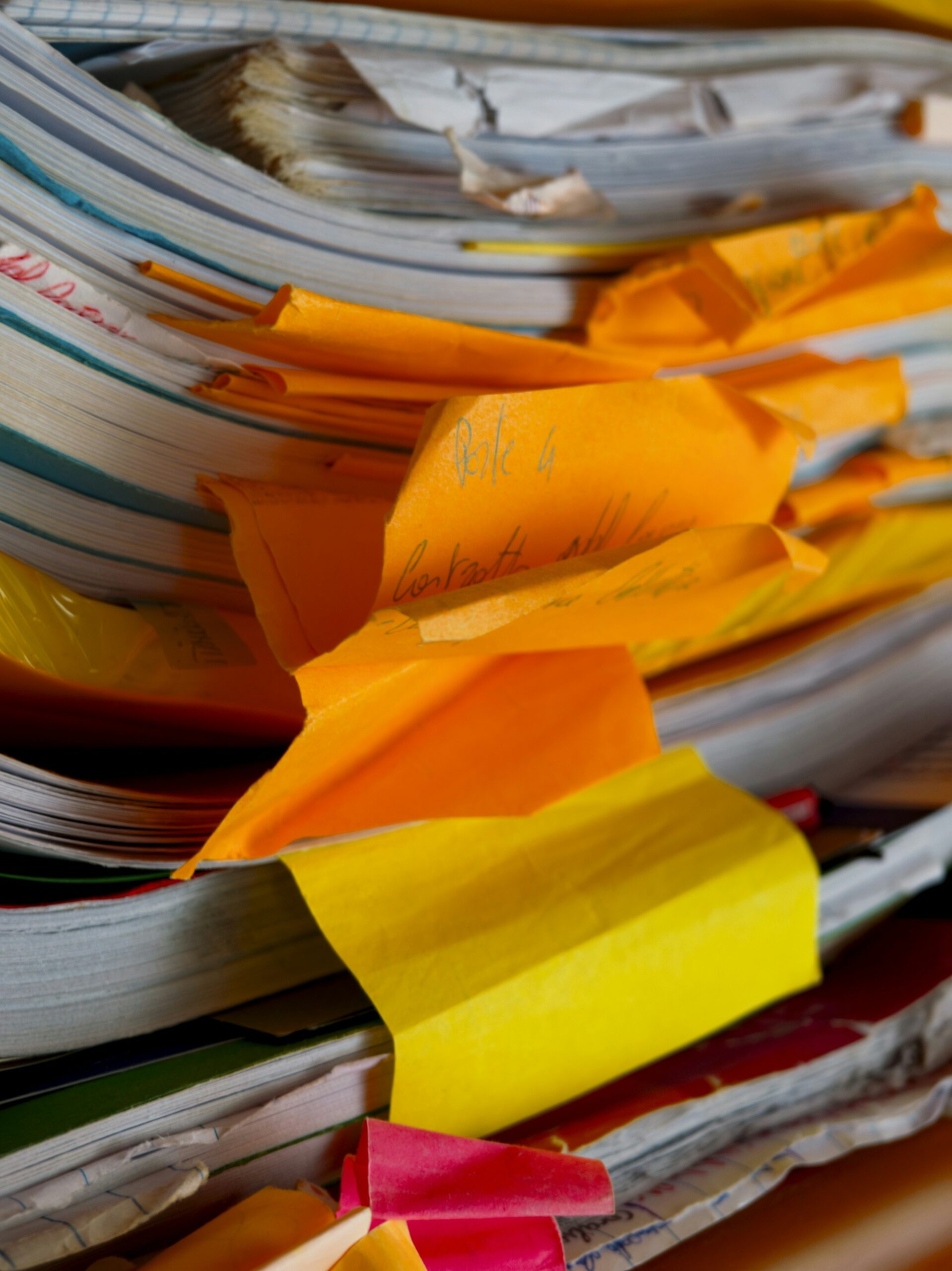 Close-up of a messy stack of paper files on a desk